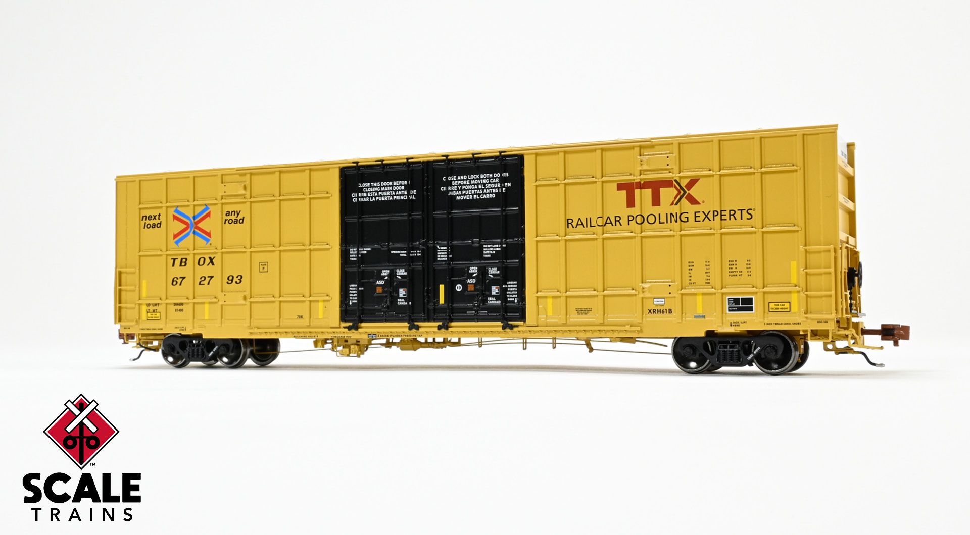 Rivet Counter HO Scale Trinity 60' 7500 8' Double-Plug-Door High-Cube Boxcar (XRH61B), TTX/Conspicuity Stripes/TBOX