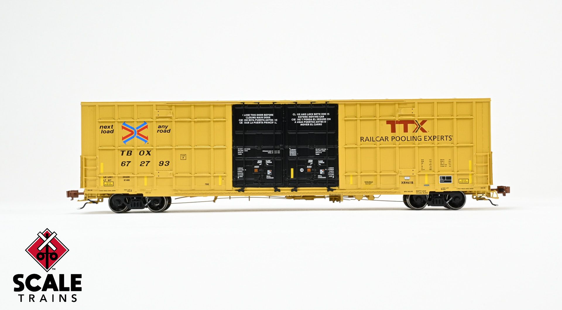 Rivet Counter HO Scale Trinity 60' 7500 8' Double-Plug-Door High-Cube Boxcar (XRH61B), TTX/Conspicuity Stripes/TBOX