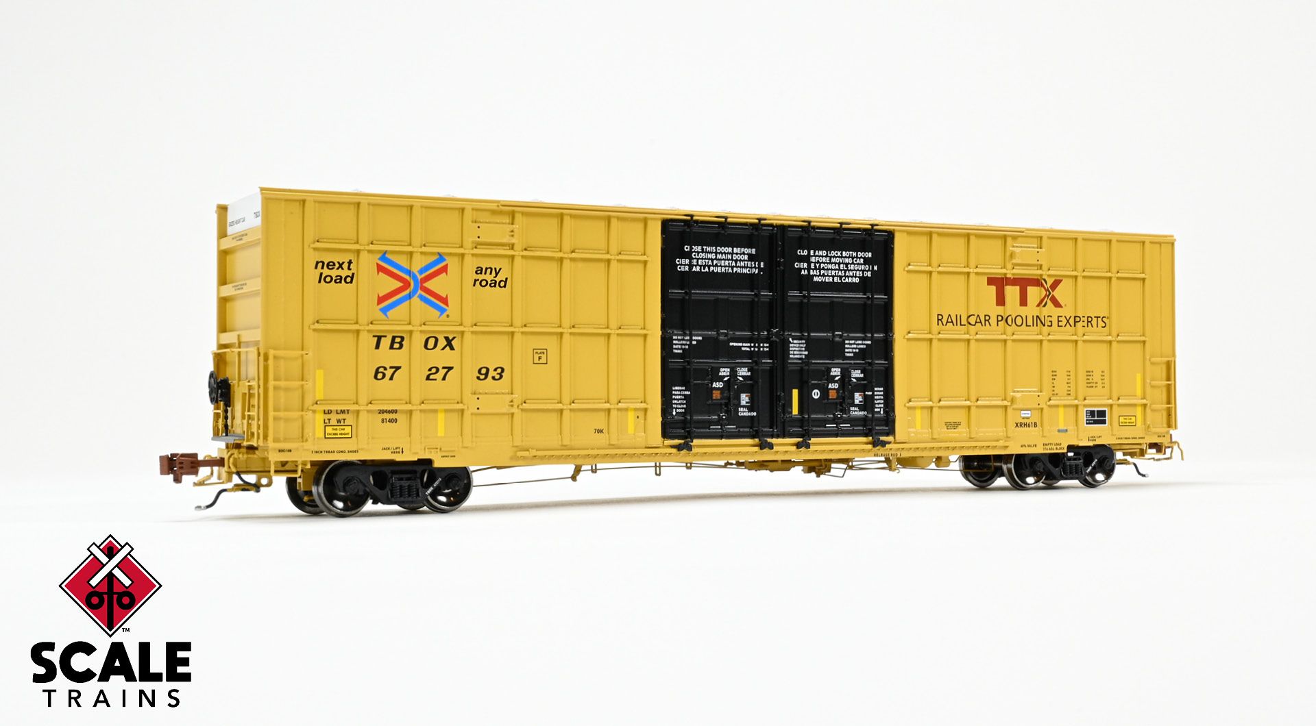 Rivet Counter HO Scale Trinity 60' 7500 8' Double-Plug-Door High-Cube Boxcar (XRH61B), TTX/Conspicuity Stripes/TBOX