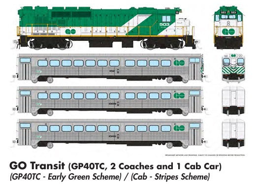 Rapido Ho Scale Go Transit GP40TC/ Single Level Commuter Car Set (Early W/ Stripes ) DCC & Sound *Reservation*