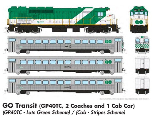 Rapido Ho Scale Go Transit GP40TC/ Single Level Commuter Car Set (Late W/ Stripes ) DCC Ready *Reservation*