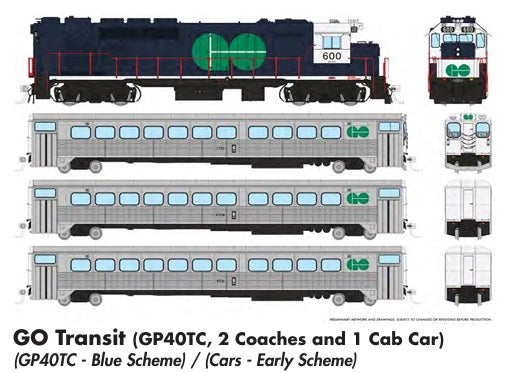 Rapido Ho Scale Go Transit GP40TC/ Single Level Commuter Car Set (Blue Scheme/Early W/O Stripes ) DCC & Sound *Reservation*