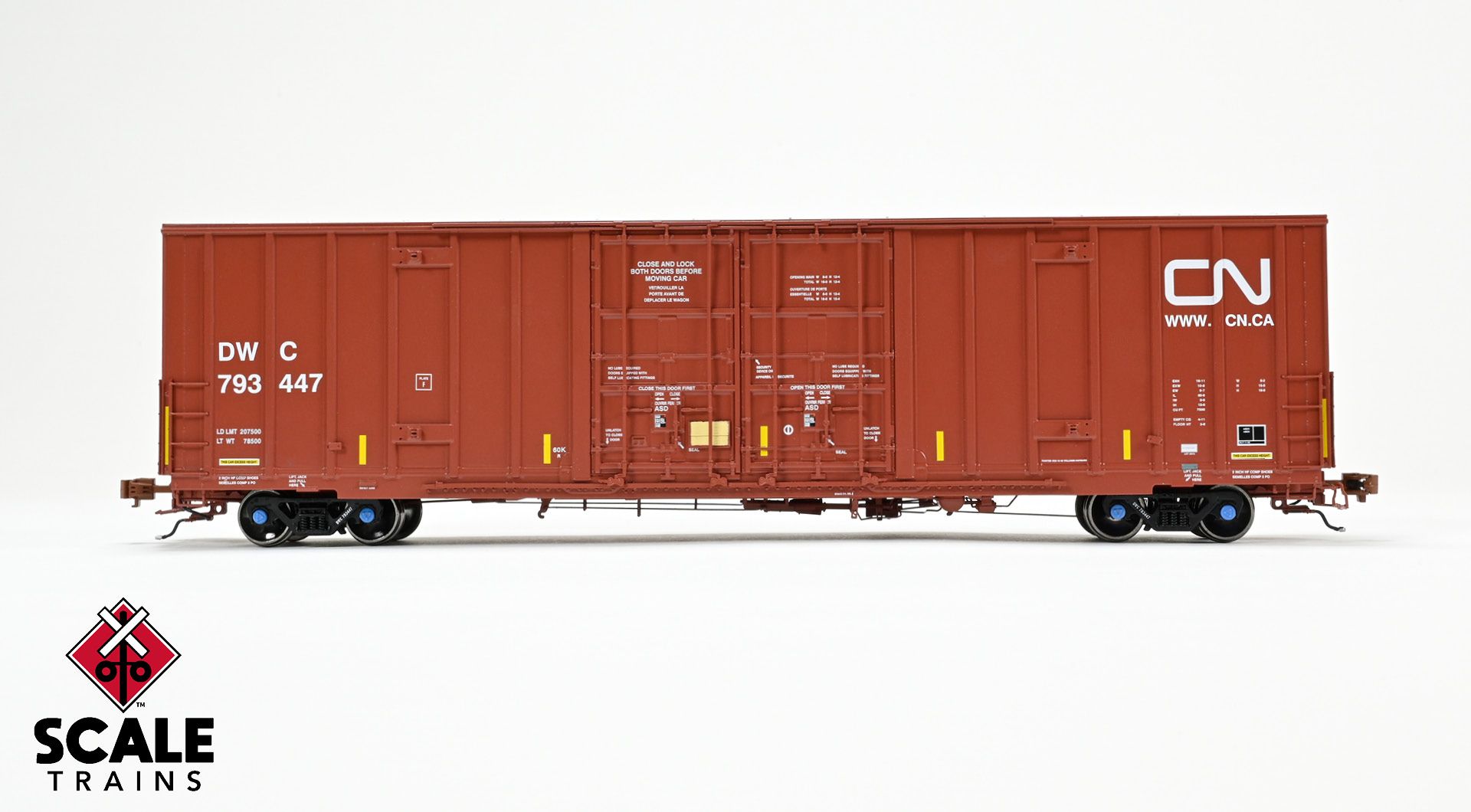 Rivet Counter HO Scale Trinity 60' 7500 8' Double-Plug-Door High-Cube Boxcar, Canadian National/Conspicuity Stripes/DWC