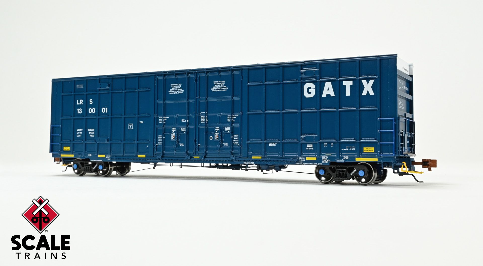 Rivet Counter HO Scale Trinity 60' 7500 8' Double-Plug-Door High-Cube Boxcar, GATX/English & Spanish Door Data/Conspicuity Stripes/LRS #130001