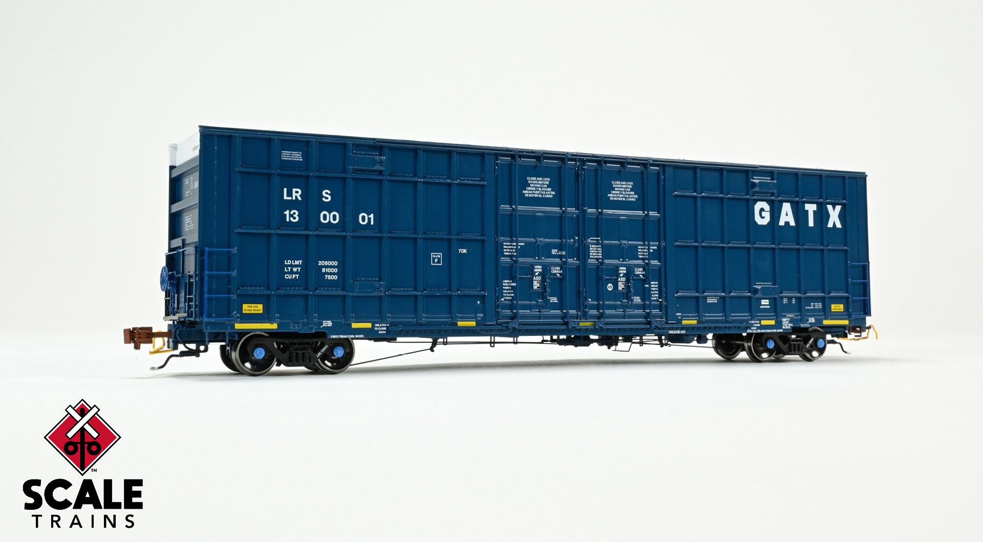 Rivet Counter HO Scale Trinity 60' 7500 8' Double-Plug-Door High-Cube Boxcar, GATX/English & Spanish Door Data/Conspicuity Stripes/LRS #130001